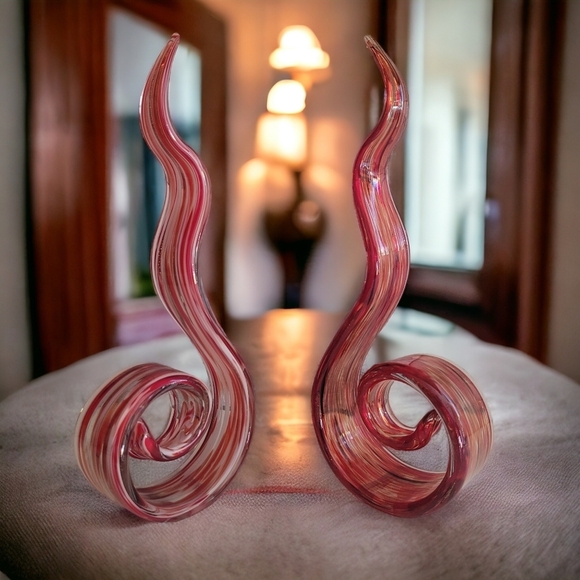 Pair of Euro Murano Style Glass Swirl Abstract Sculpture Red Gold Ribbon 12".